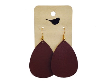 Wine Red Leather Earrings, Teardrop Earrings, Tear Drop Earrings, Lightweight Earrings, Trendy Earrings, Leather Teardrop