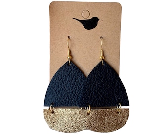 Gold and Black Leather Teardrop Earrings: Lightweight Dangles with 18k Gold Plated Hooks