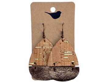 Teardrop Cork & Faux Leather Earrings: Gold Accent Dangle Earrings
