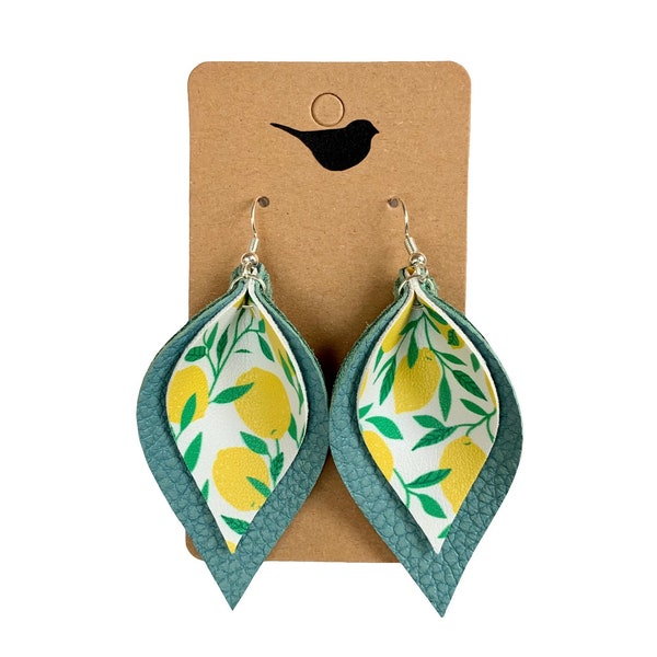 Turquoise Leather Leaf Earrings, Lemon Leather Earrings, Lightweight Genuine Leather Earrings