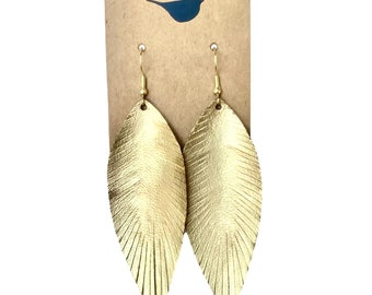 Long Gold Leather Feather Earrings: Hypoallergenic Dangle Earrings