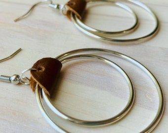 Silver Hoop Earrings with Genuine Brown Leather and Hypoallergenic Hooks