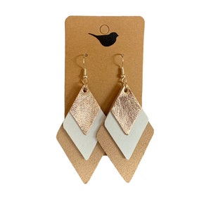 Rose Gold, White, and Tan Suede Leather Earrings, Lightweight Genuine Leather Earrings