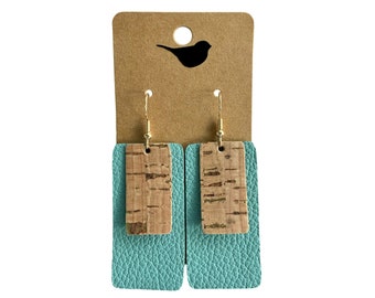 Chunky Layered Leather Bar Earrings, Turquoise and Cork