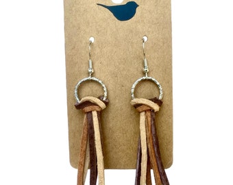 Brown Suede Leather Fringe Earrings: Hypoallergenic Hoop Earrings
