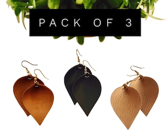 Leather Leaf Earrings: Boho Dangle Earrings, Pack of 3