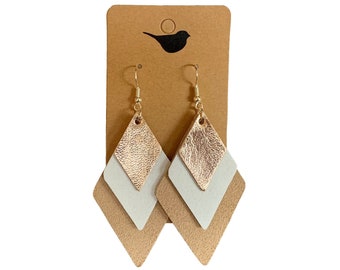 Rose Gold, White, and Tan Suede Leather Earrings, Lightweight Genuine Leather Earrings