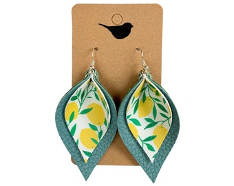 Turquoise Leather Leaf Earrings, Lemon Leather Earrings, Lightweight Genuine Leather Earrings