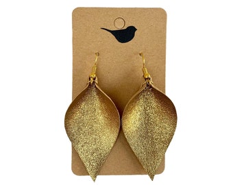 Gold Leather Leaf Earrings, Lightweight Genuine Leather Earrings