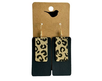 Chunky Layered Leather Bar Earrings, Black and Animal Print