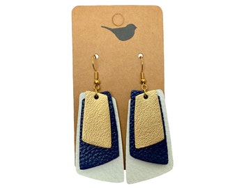 Chunky Layered Leather Bar Earrings, White, Navy Blue, and Gold