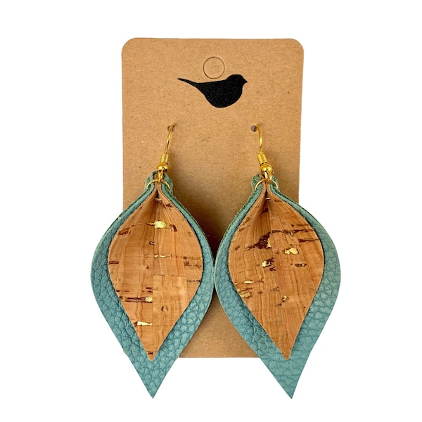 Turquoise Leather and Cork Leaf Earrings, Lightweight Genuine Leather Earrings