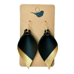 Gold and Black Leather Earrings, Metallic Leather Leaf Earrings, Lightweight Gold Leather Leaf Earrings