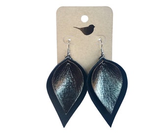 Gunmetal Leather Leaf Earrings with Nickel Free Hooks