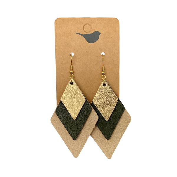 Gold, Green, and Tan Suede Leather Earrings, Lightweight Genuine Leather Earrings