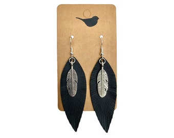 Black Feather Leaf Earrings, Black Leaf Earrings, Black Leather Earrings for Fall, Black Feather Earrings, Fall Leaf Earrings