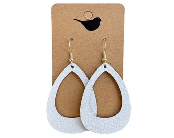 White Genuine Leather Teardrop Earrings: Lightweight Cutout Design