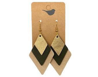 Gold, Green & Tan Suede Leather Earrings: Lightweight Diamond Drop