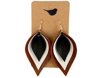 Black, White, and Brown Leather Earrings, Lightweight Genuine Leather Leaf Earrings