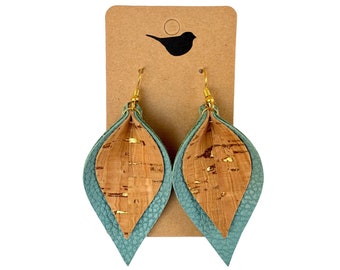 Turquoise Genuine Leather & Cork Leaf Earrings: Lightweight Dangle Earrings