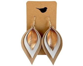 Rose Gold Leather Earrings, Lightweight Genuine Leather Earrings with Silver Hooks