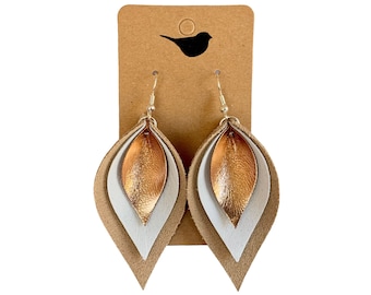 Rose Gold Leaf Leather Earrings: Lightweight Dangle Earrings