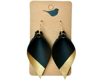 Gold & Black Leather Leaf Earrings: Metallic Lightweight Earrings