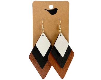 White, Black, and Brown Leather Earrings, Lightweight Genuine Leather Earrings