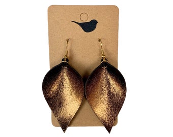 Bronze Leather Leaf Earrings: Lightweight Dangle Earrings