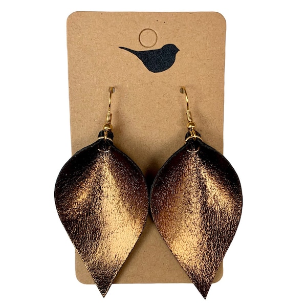 Bronze Leather Leaf Earrings, Lightweight Genuine Leather Earrings