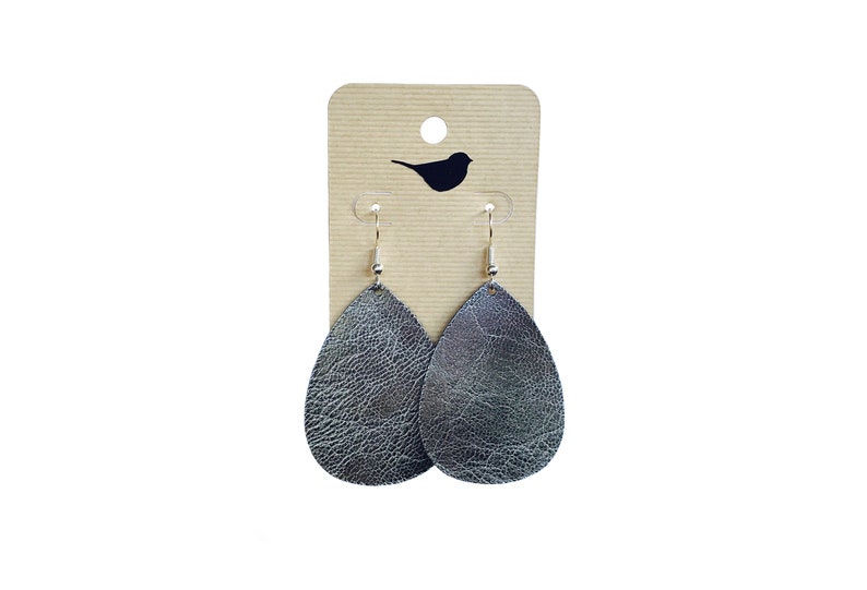 Lightweight Tear Drop Earrings Metallic Silver Leather Earrings Gunmetal Leather Teardrop Earrings Joanna Gaines Inspired Leather Earring