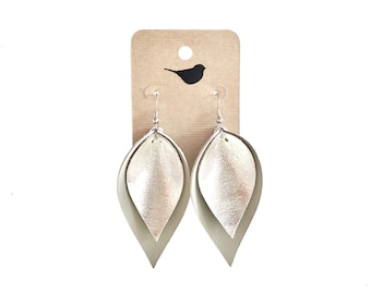 Grey and Silver Leaf Leather Earrings: Lightweight with Nickel Free Hooks