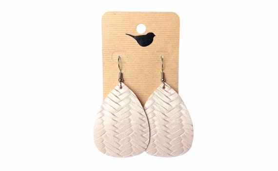 Off White Leather Earrings, Teardrop Earrings, Tear Drop Earrings