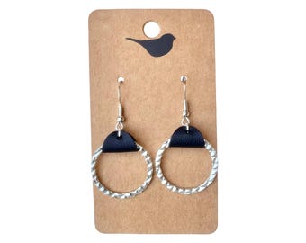 Silver Dangle Hoop Earrings with Genuine Black Leather Accent and Hypoallergenic Hooks