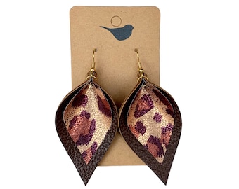 Genuine Brown Layered Leather Leaf Earrings