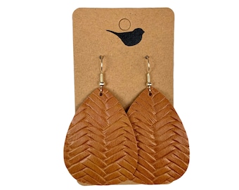 Braided Faux Leather Teardrop Earrings: Lightweight Brown Earrings