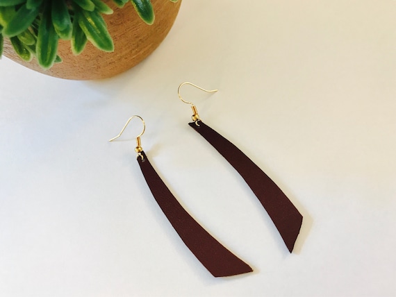 Coffee Brown Faux Leather Bar Earrings: Gold Plated Hooks