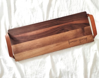 Personalized wooden tray with leather handles Housewarming gift