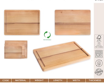May include: Three rectangular wooden chopping boards in various sizes. The boards are made of beechwood and are reversible. The largest board is 40 cm long, 30 cm wide, and 1.9 cm thick. The boards are labelled with the text "RECTANGULAR BOARDS" and "REVERSIBLE".