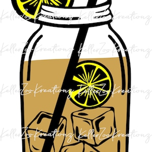 May include: A mason jar filled with iced tea, with a lemon wedge and ice cubes. A black straw sticks out of the top of the jar.