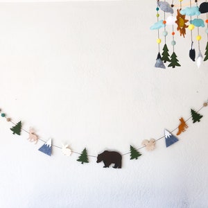 Felt woodland animal banner; mountain forest nursery bunting; rustic boy garland; bear wall decor