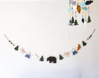 Felt woodland animal banner; mountain forest nursery bunting; rustic boy garland; bear wall decor