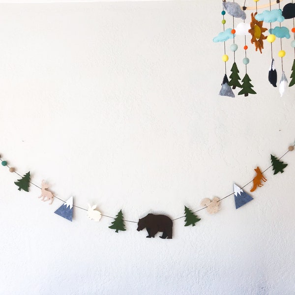 Felt woodland animal banner; mountain forest nursery bunting; rustic boy garland; bear wall decor