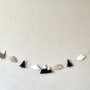 Felt woodland mountain banner; forest nursery decor; rustic boy wall hanging; navy, neutral baby room decor