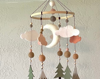 Basic felt woodland mobile; Forest blush and neutral nursery decor; girl mountain tree mobile