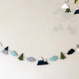 Felt woodland mountain banner; forest nursery decor; rustic boy wall hanging; navy mustard baby room decor