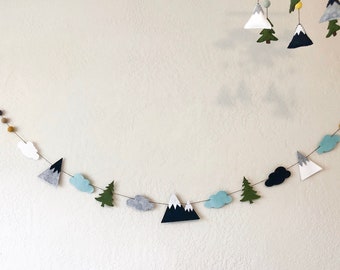 Felt woodland mountain banner; forest nursery decor; rustic boy wall hanging; navy mustard baby room decor