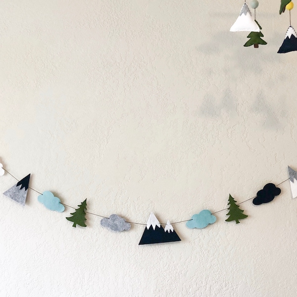 Felt woodland mountain banner; forest nursery decor; rustic boy wall hanging; navy mustard baby room decor