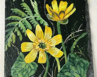 Celandine and fern painted slate