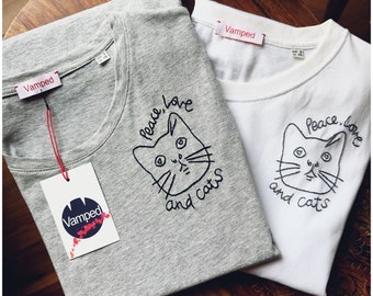 Camiseta bordada a mano "Paz, Amor y Gatos" - Unisex/Mujer